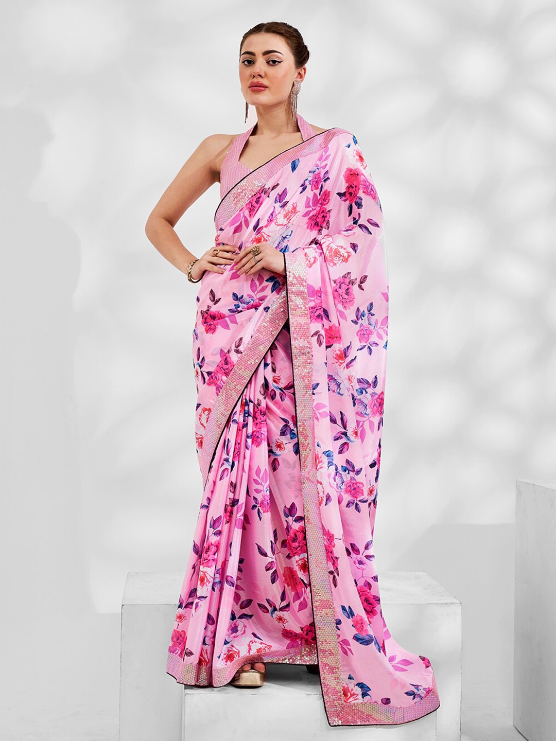

Mitera Floral Printed Sequinned Pure Georgette Saree, Pink