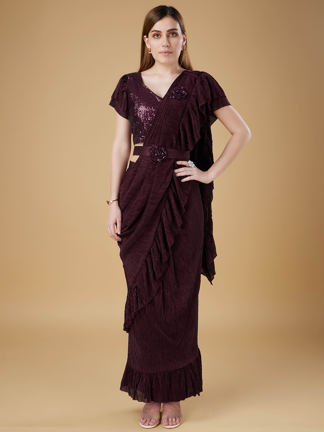 

AMOHA TRENDZ Embellished Sequinned Ready to Wear Ruffled Saree, Purple