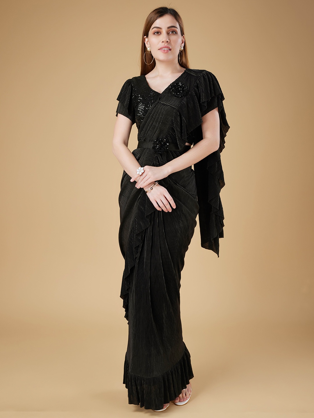 

AMOHA TRENDZ Striped Sequinned Pre-Stitched Ready To Wear Ruffled Saree With Belt, Black