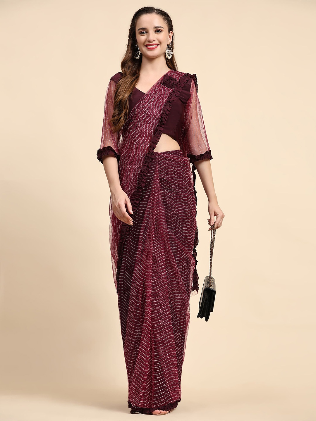 

AMOHA TRENDZ Embellished Zari Net Pre-Stitched Ready To Wear Saree, Purple