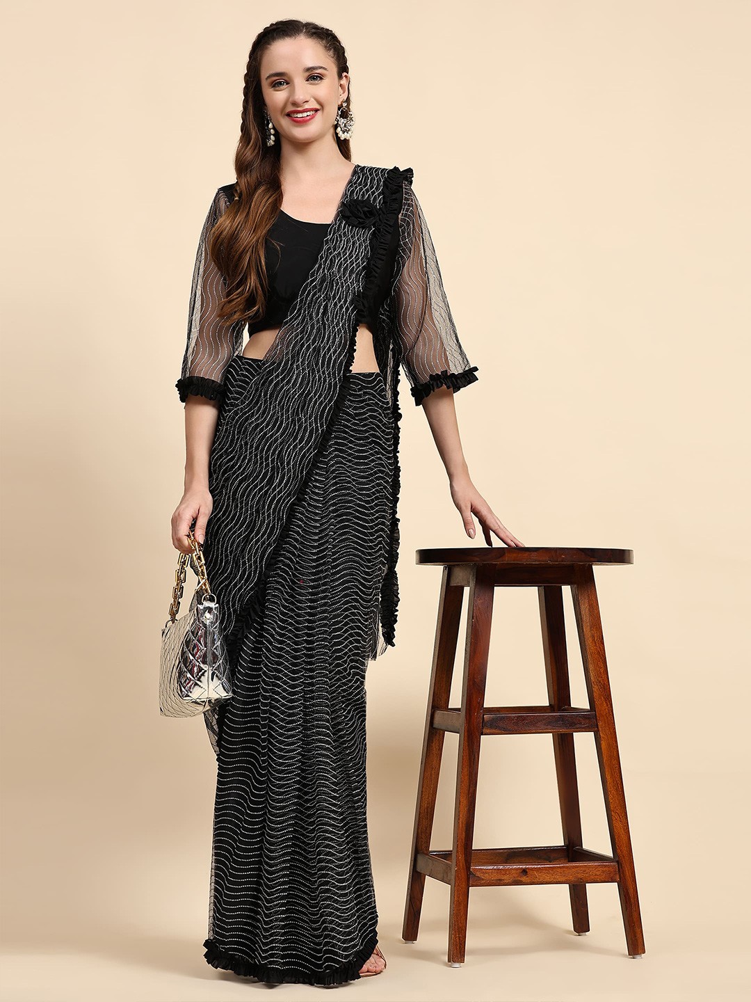 

AMOHA TRENDZ Striped Embellished Zari Net Ready to Wear Saree, Black