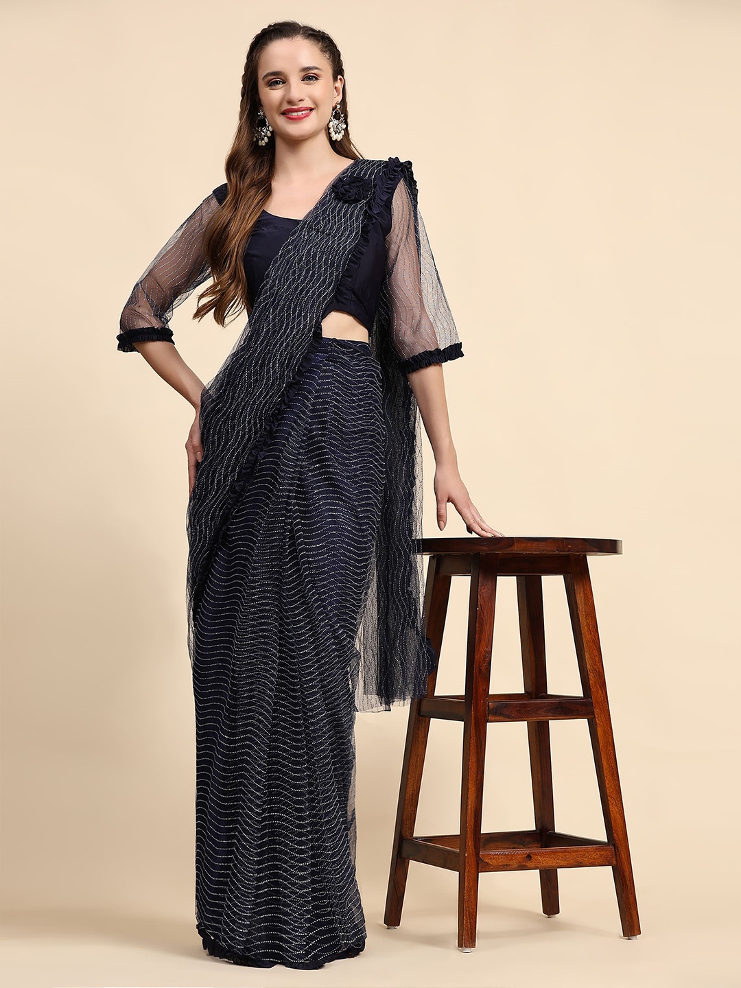 

AMOHA TRENDZ Striped Embellished Zari Net Ready to Wear Saree, Blue