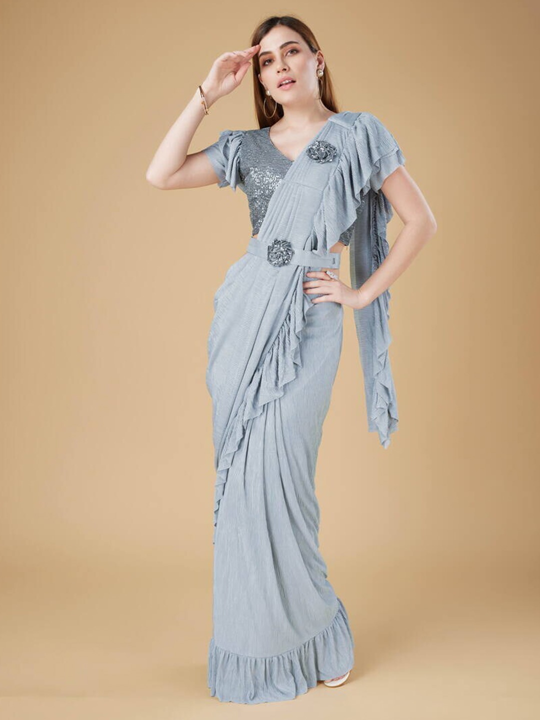 

AMOHA TRENDZ Embellished Sequinned Ready to Wear Ruffled Saree, Grey