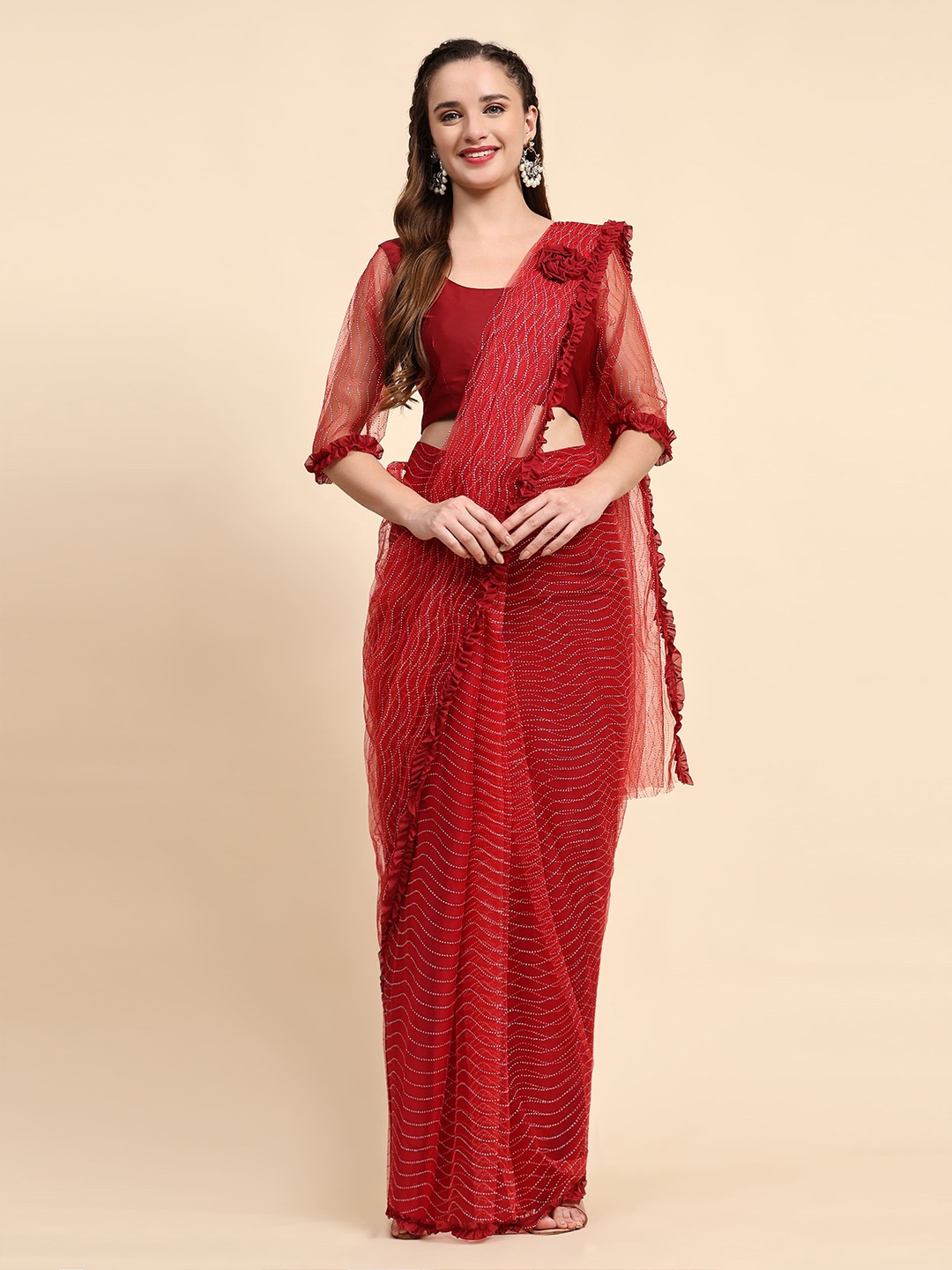 

AMOHA TRENDZ Embellished Zari Net Pre-Stitched Ready To Wear Saree, Red