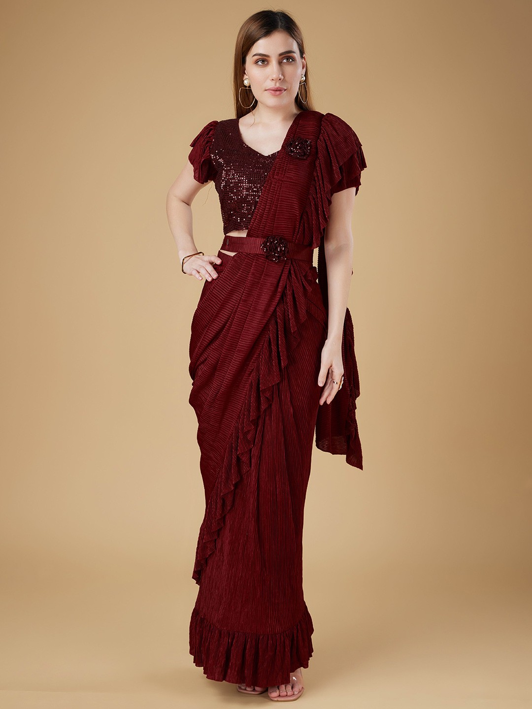 

AMOHA TRENDZ Striped Sequinned Ready To Wear Ruffled Saree With Belt, Maroon