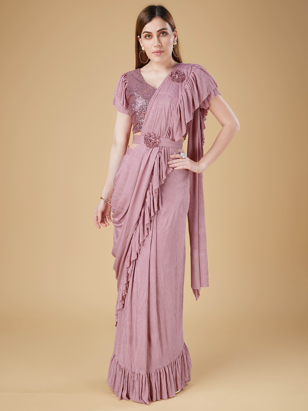 

AMOHA TRENDZ Embellished Sequinned Ready to Wear Ruffled Saree, Pink