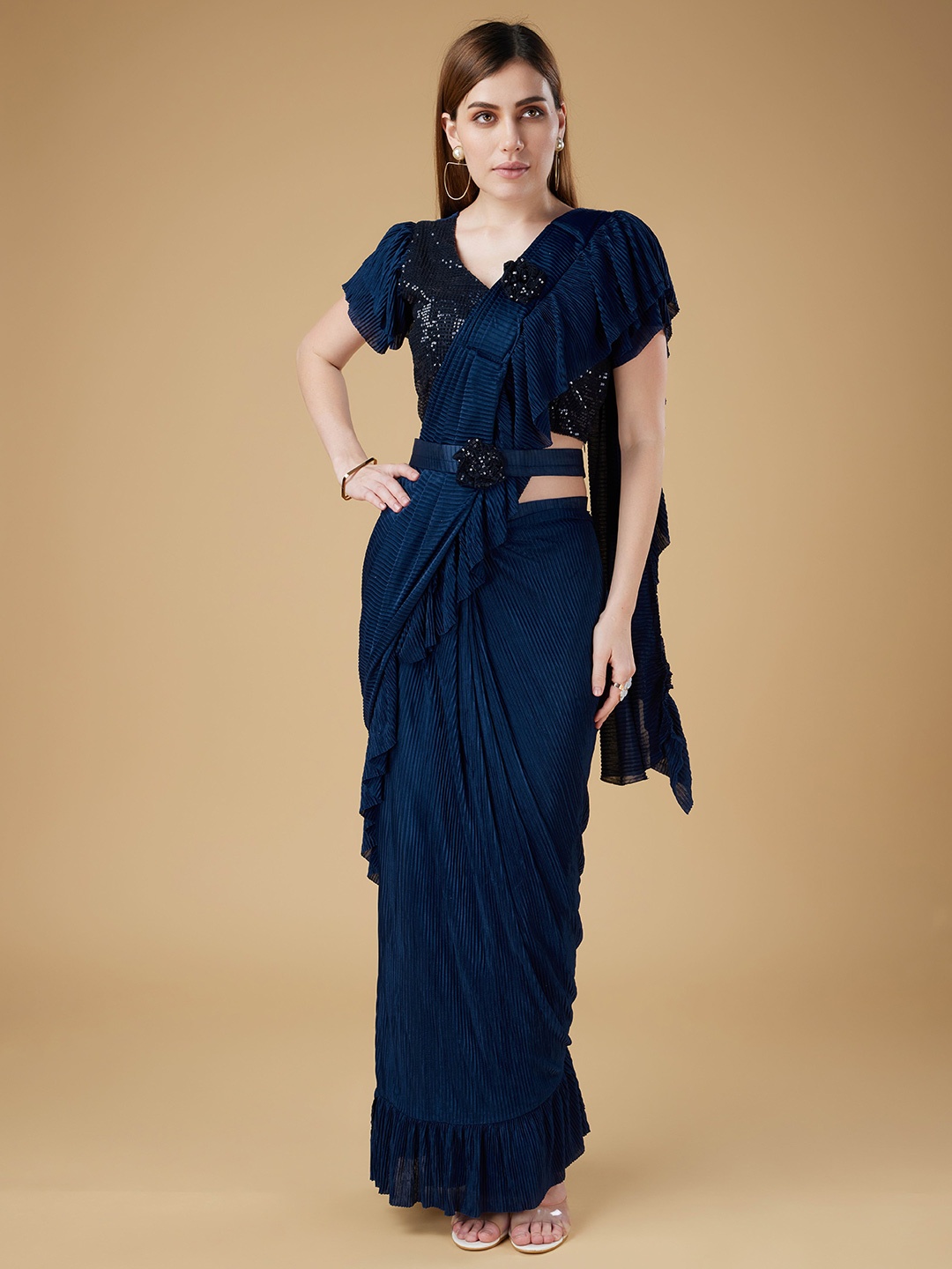 

AMOHA TRENDZ Embellished Sequinned Ready to Wear Ruffled Saree, Blue