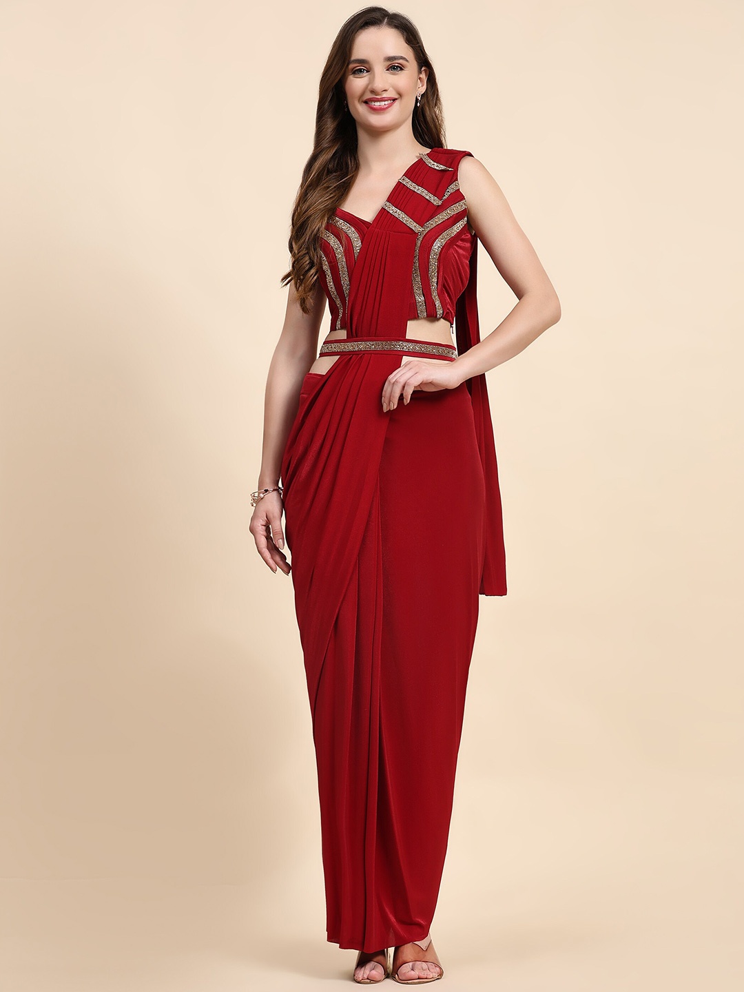 

AMOHA TRENDZ Woven Design Beads and Stones Ready to Wear Saree, Maroon