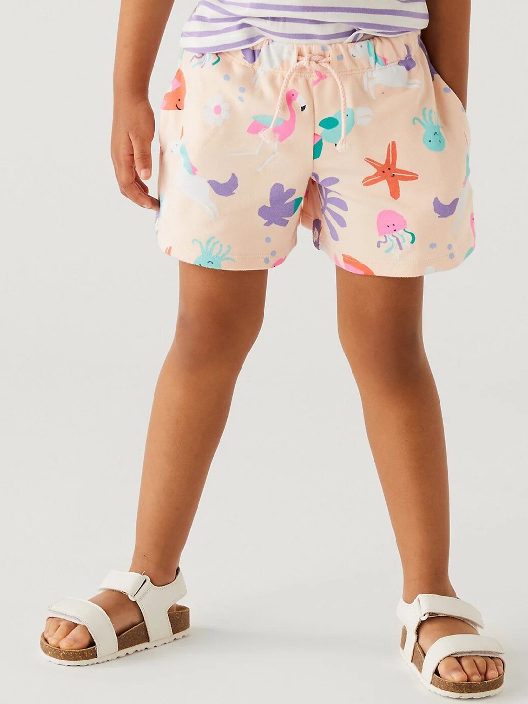 

Marks & Spencer Girls Floral Printed High-Rise Pure Cotton Shorts, Peach
