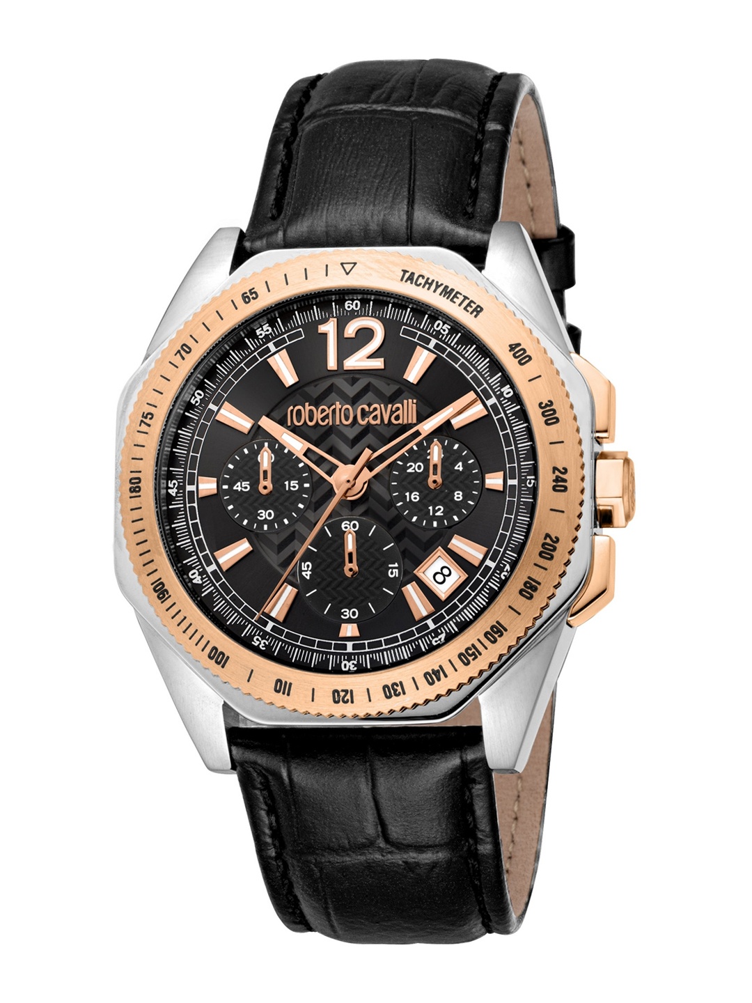 

Roberto Cavalli Men Embellished Stainless Steel Leather Straps Analogue Watch RC5G100L0035, Black