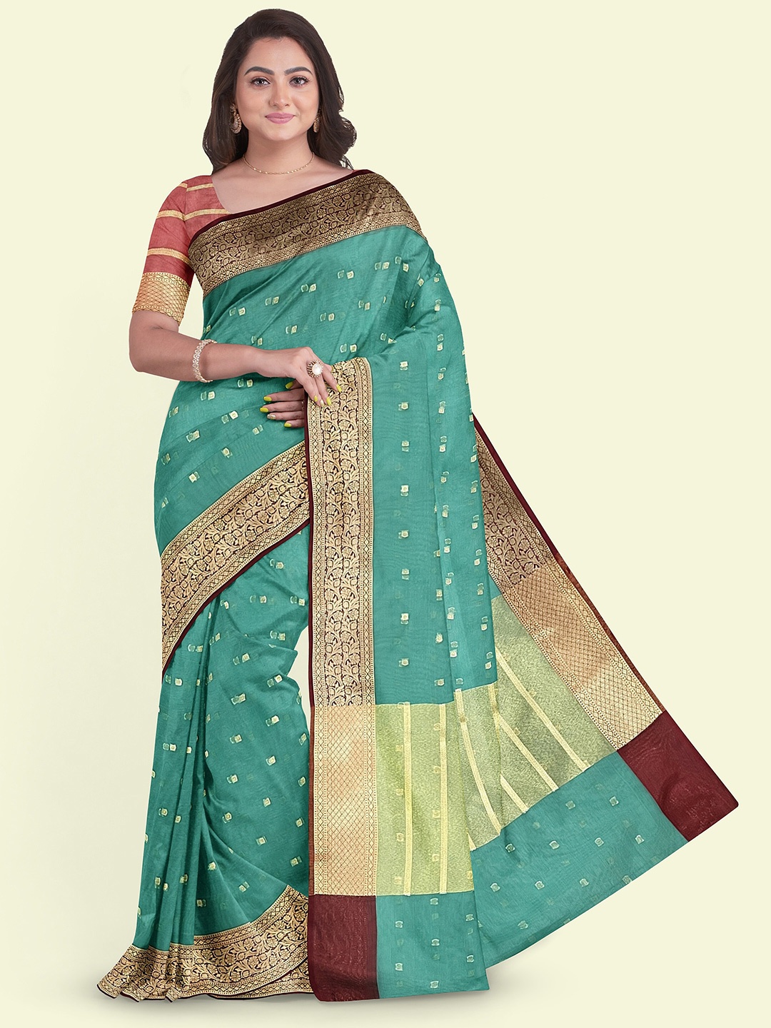 

Muskan Fashion Ethnic Motifs Zari Organza Banarasi Saree, Sea green