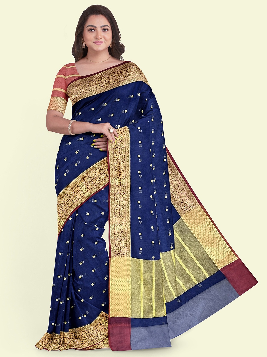 

Muskan Fashion Ethnic Motifs Zari Organza Banarasi Saree, Navy blue
