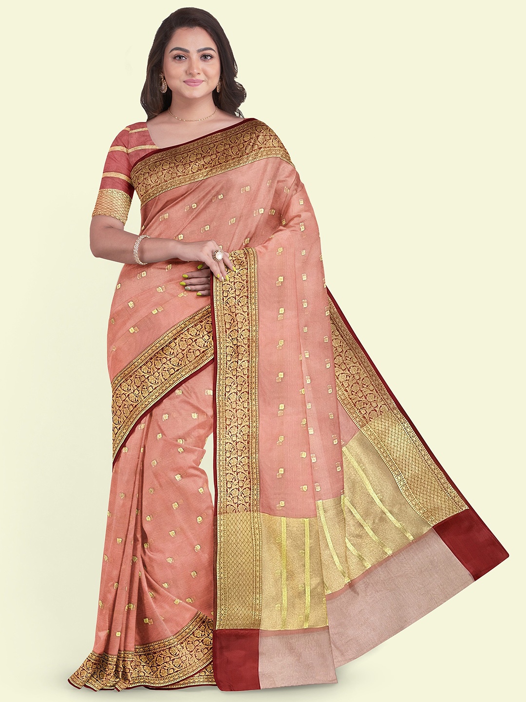 

Muskan Fashion Ethnic Motifs Zari Organza Banarasi Saree, Peach