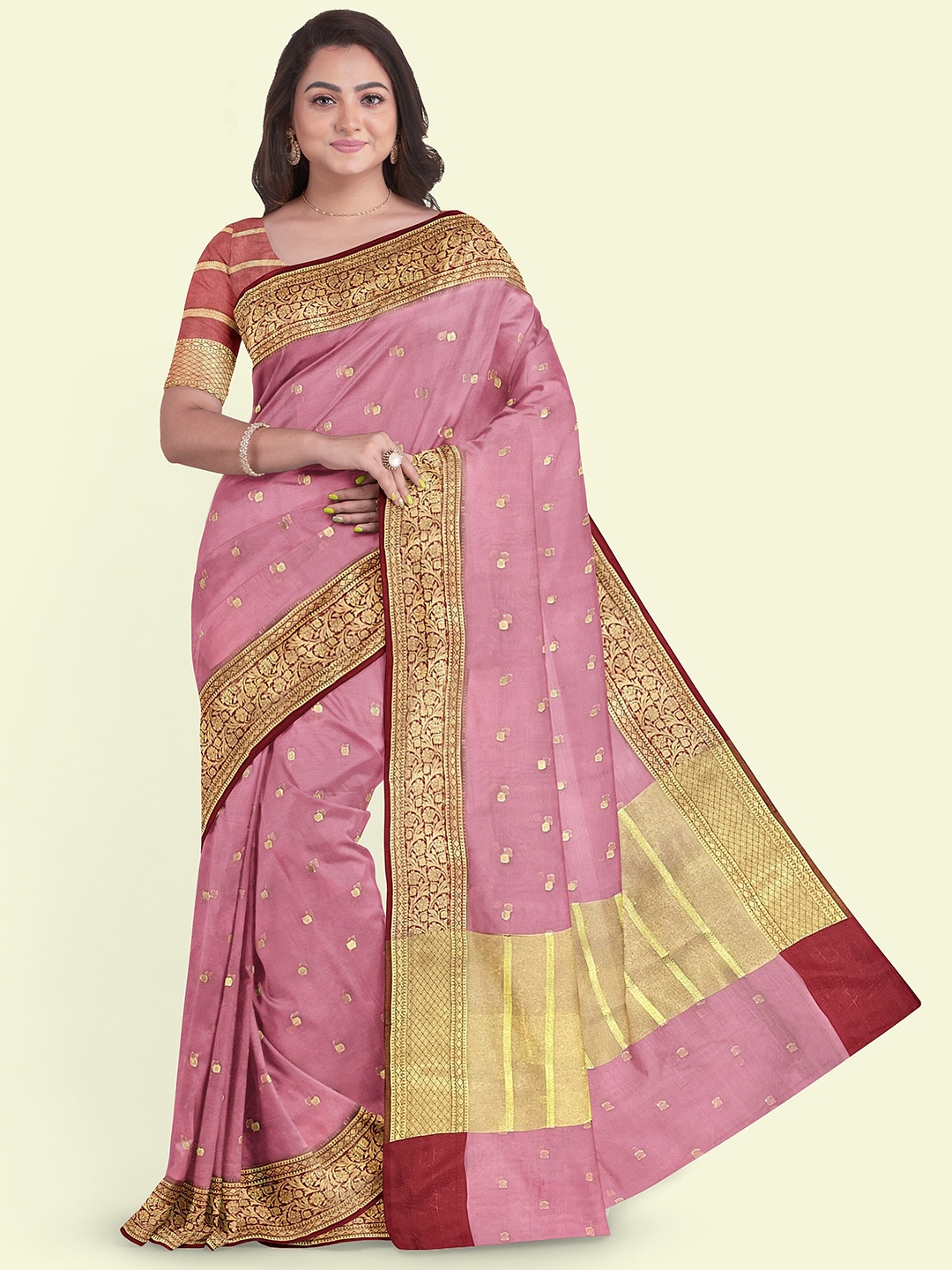 

Muskan Fashion Ethnic Woven Design Zari Organza Banarasi Saree, Pink
