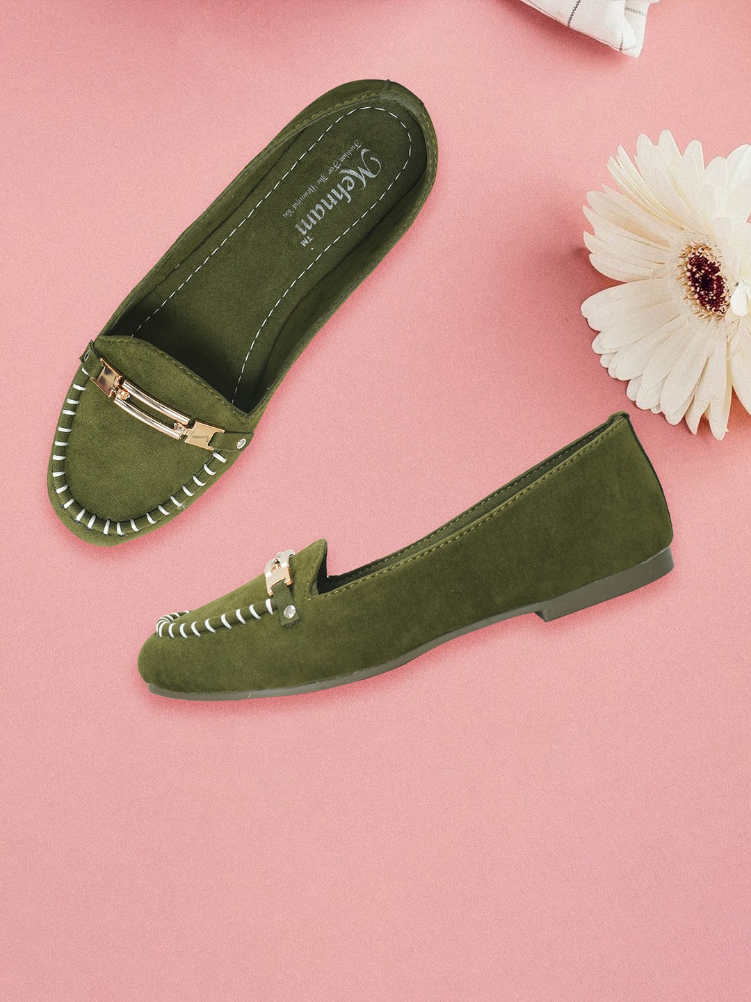 

MEHNAM Round Toe Slip On Loafers, Olive