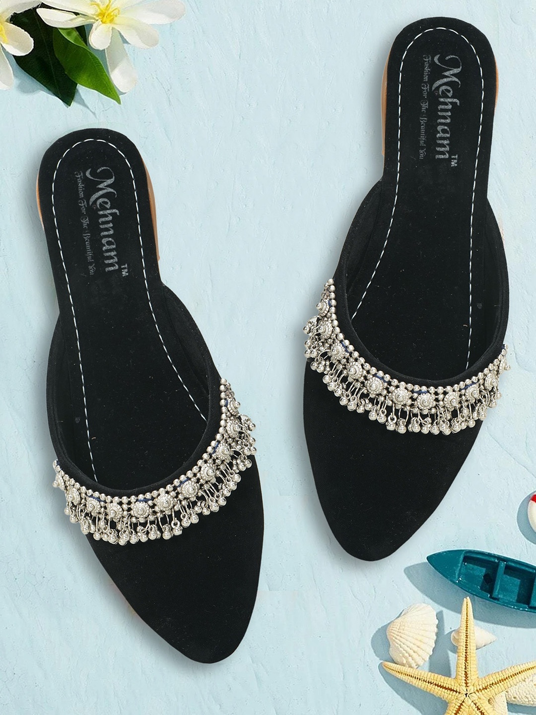 

MEHNAM Embellished Pointed Toe Mules, Black