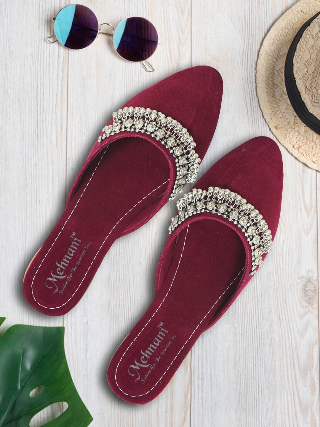 

MEHNAM Embellished Pointed Toe Mules, Red