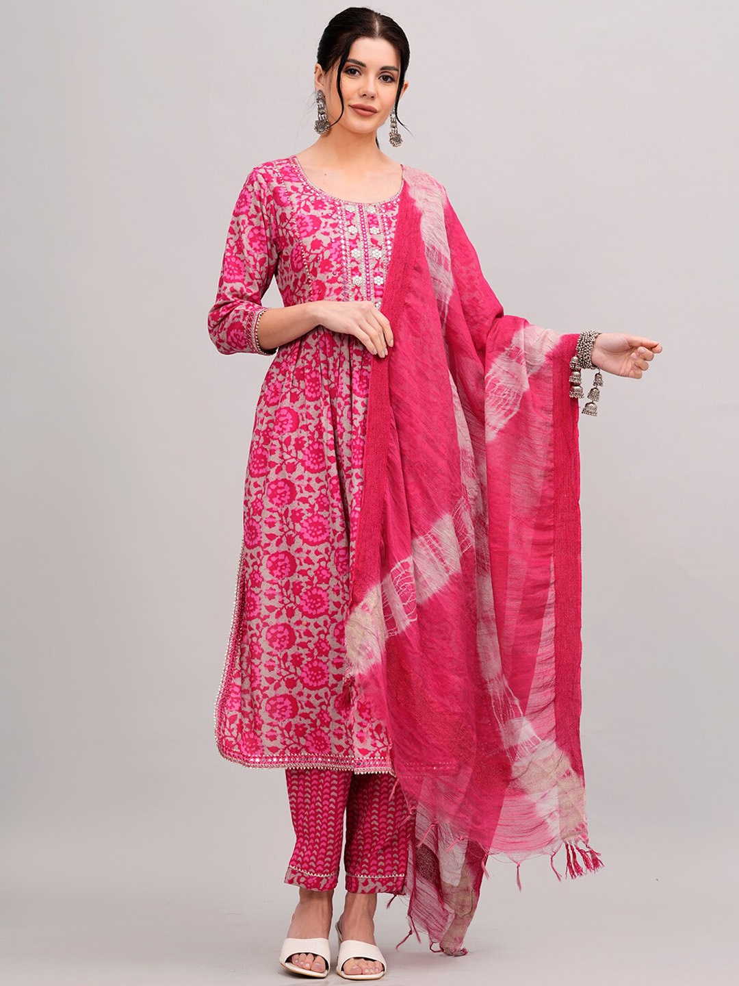 

HIGHLIGHT FASHION EXPORT Pure Cotton A line Kurta Trouser And Dupatta Set, Pink