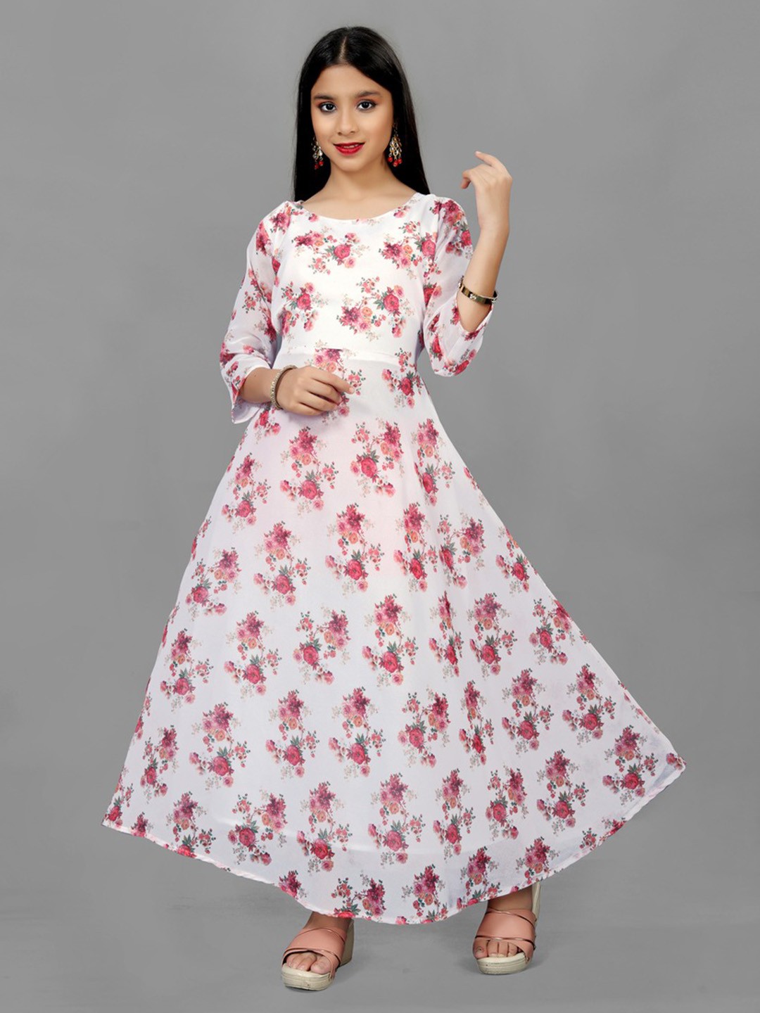 

BAESD Girls Floral Printed Round Neck Georgette Maxi Gown Dress, Red