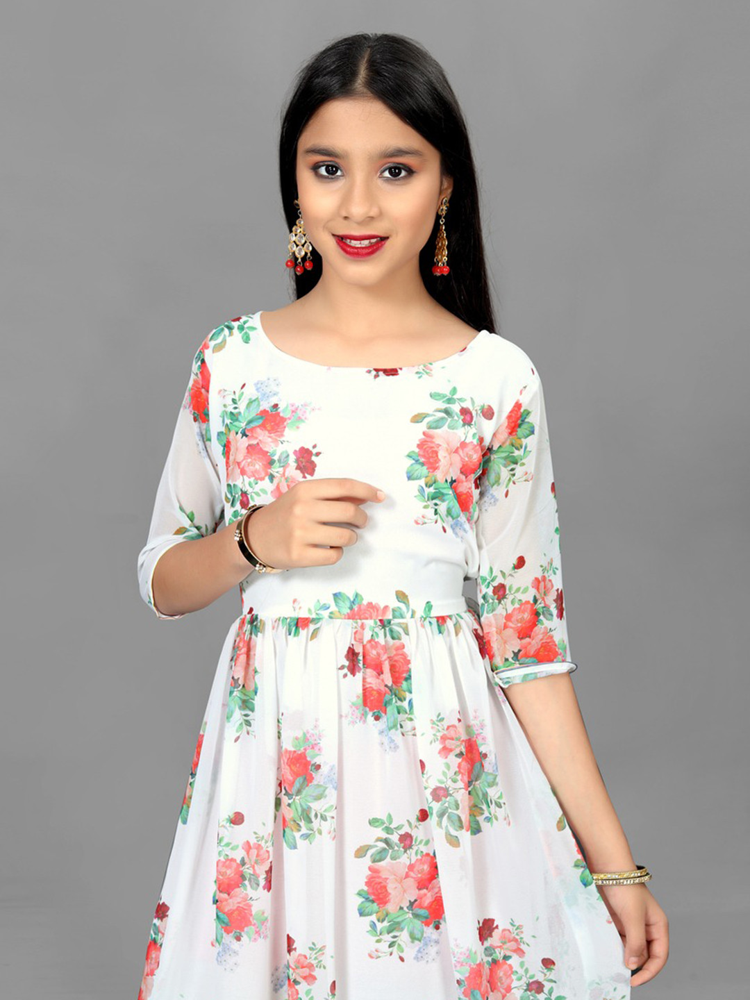 

BAESD Girls Floral Printed Round Neck Georgette Maxi Dress, Red