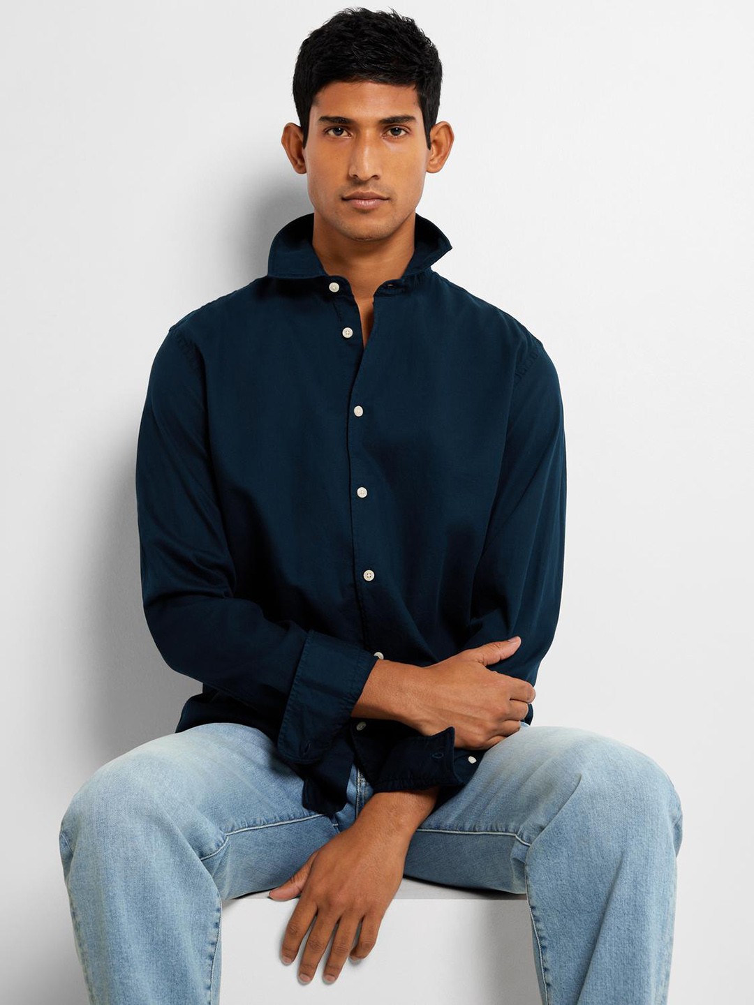 

SELECTED Spread Collar Cotton Casual Shirt, Navy blue
