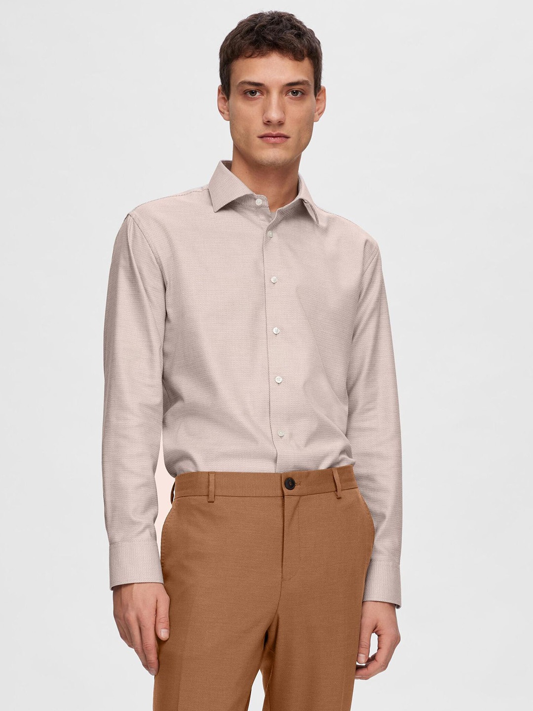 

SELECTED Textured Self Design Cotton Formal Shirt, Brown