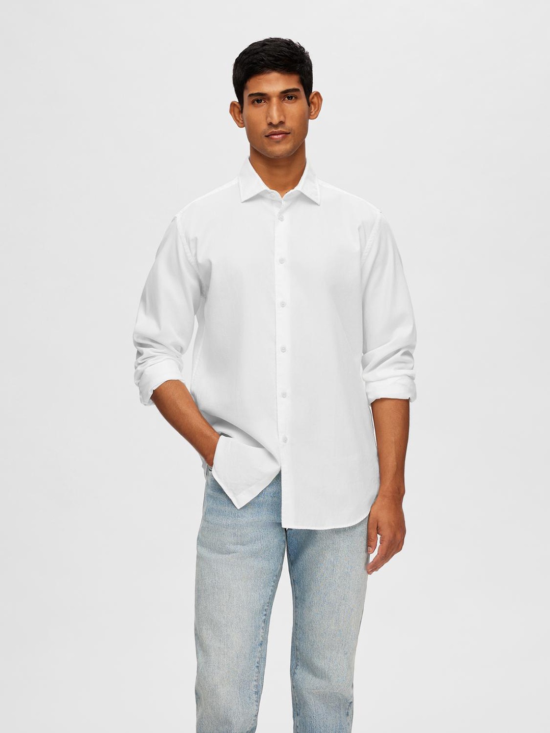 

SELECTED Spread Collar Cotton Casual Shirt, White