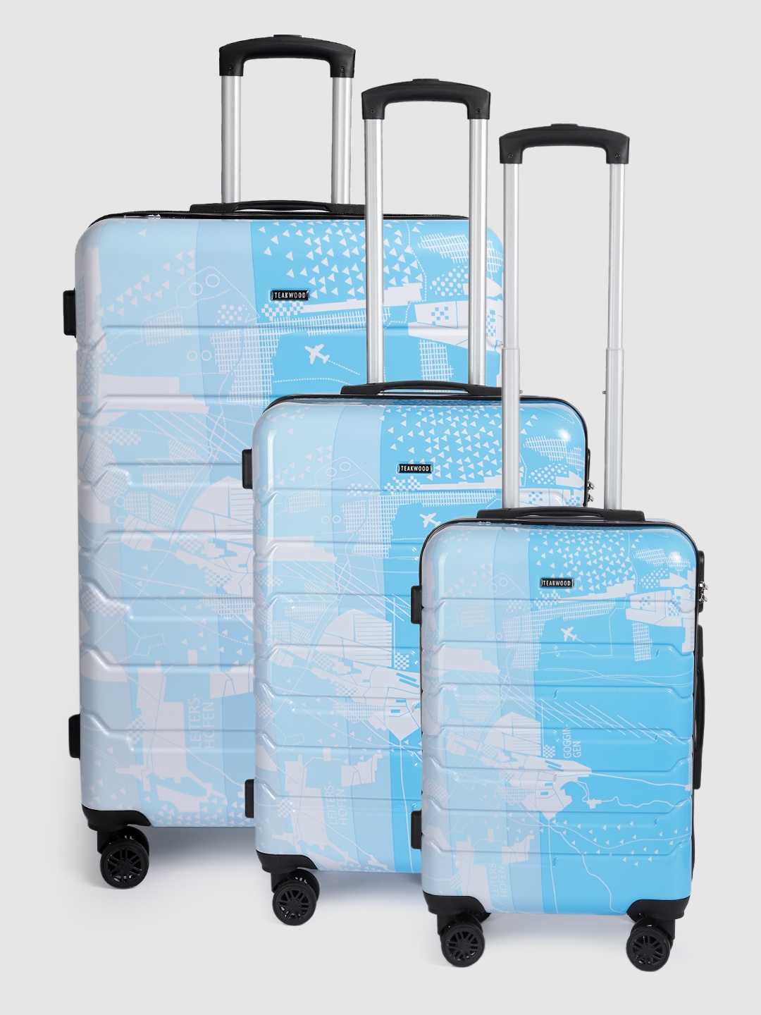 

Teakwood Leathers Twin Set of 3 Printed 360 Degree Rotation Hard-Sided Trolley Bags 182L, Blue