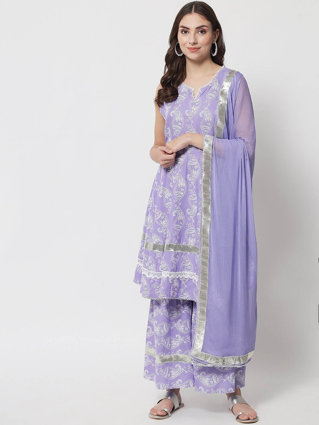 

IkDaiya Ethnic Printed Kurta with Sharara & Dupatta, Lavender