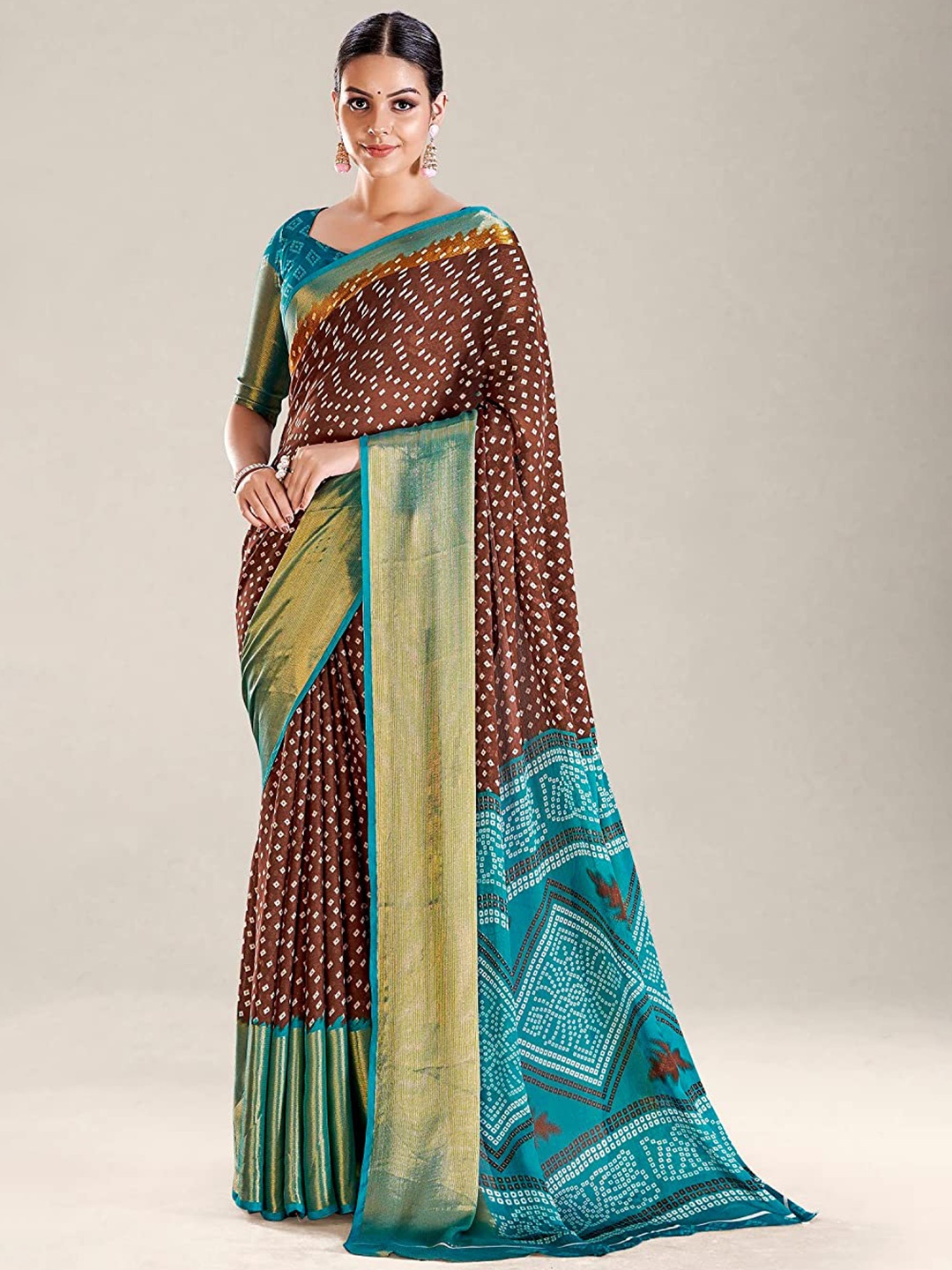 

KALINI Bandhani Printed Zari Silk Cotton Paithani Saree, Brown