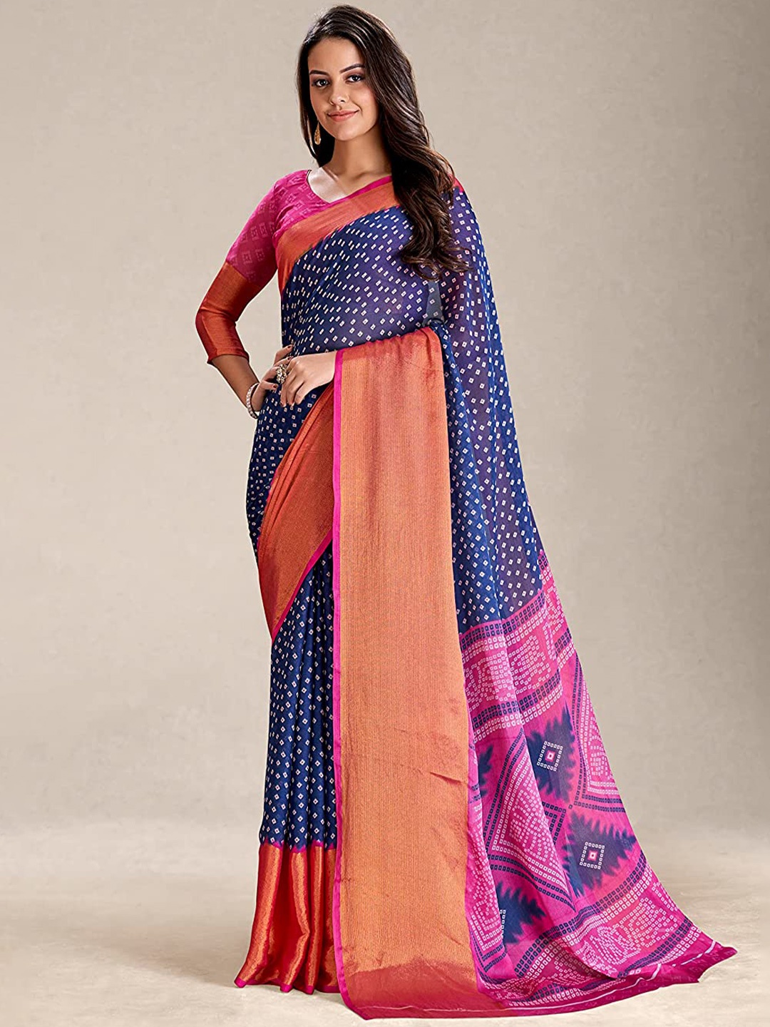 

KALINI Bandhani Printed Zari Silk Cotton Paithani Saree, Blue