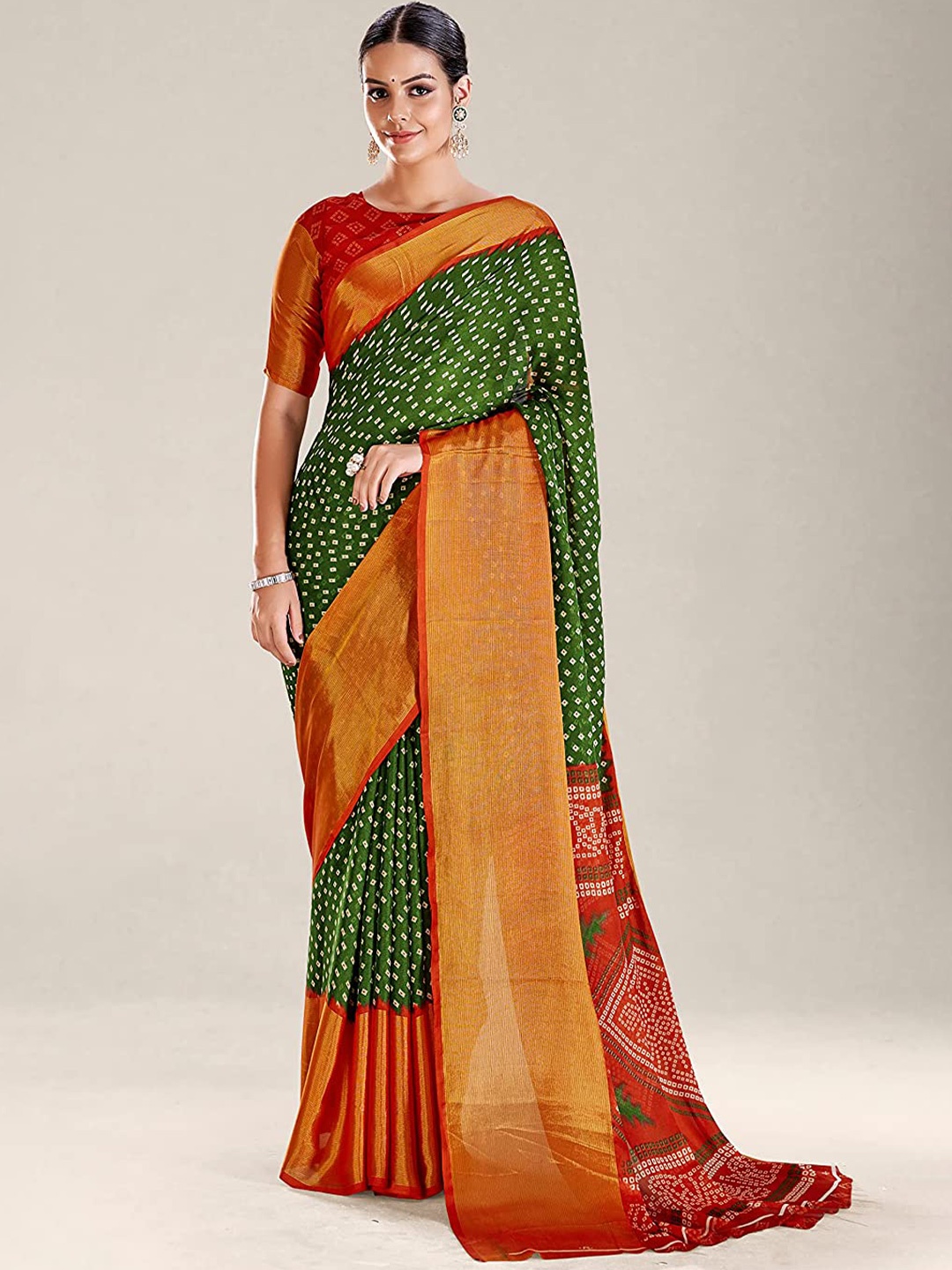 

KALINI Bandhani Printed Zari Silk Cotton Paithani Saree, Green