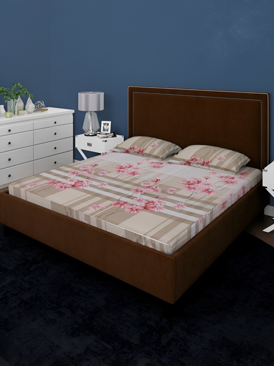 

BOMBAY DYEING Beige & Red Floral Cotton 210 TC King Bedsheet With 2 Pillow Covers