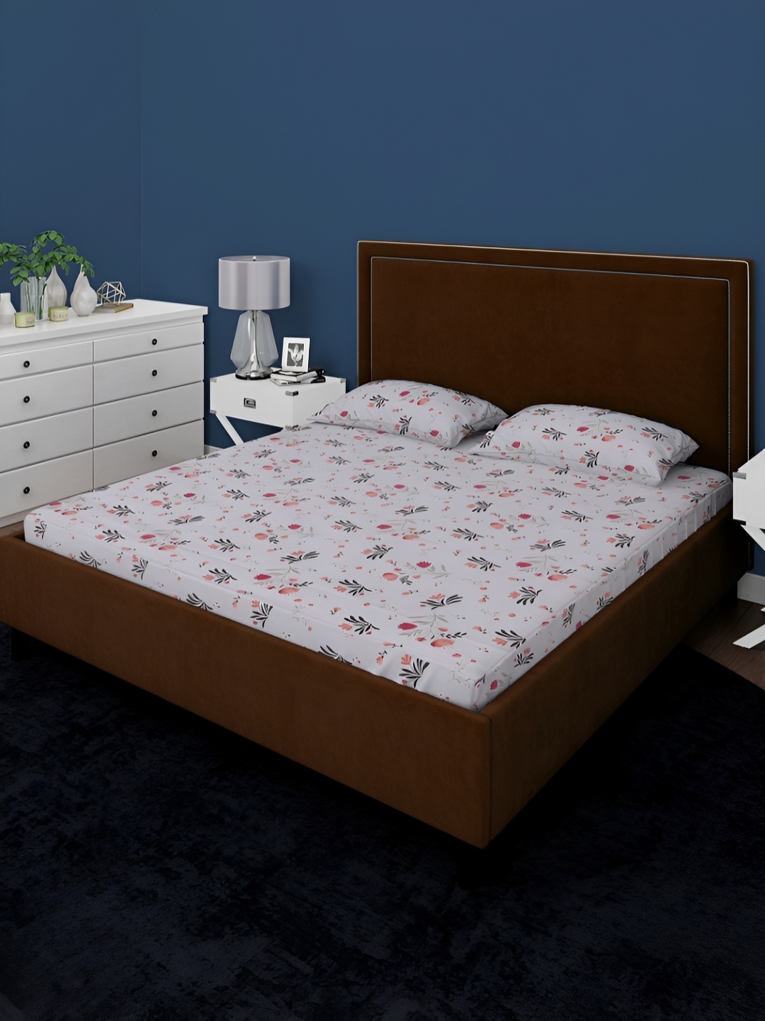 

BOMBAY DYEING White & Red Floral Cotton 160 TC King Bedsheet With 2 Pillow Covers