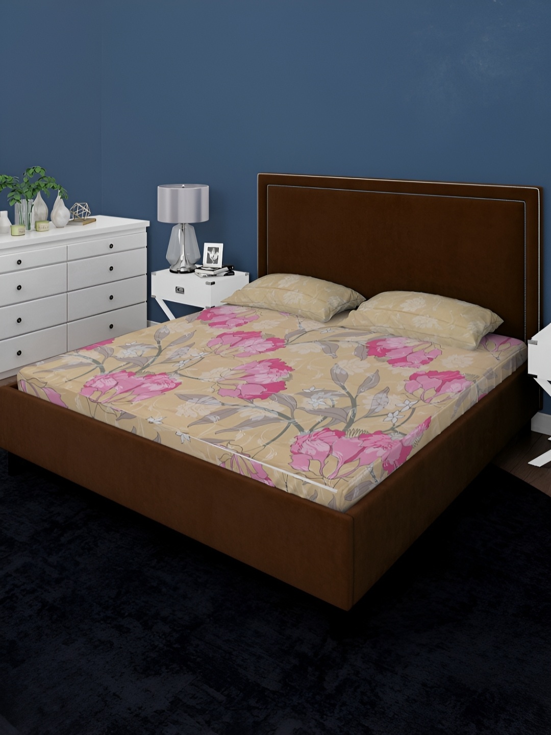 

BOMBAY DYEING Aster Pink & Brown Floral 104 TC Cotton Queen Bedsheet with 2 Pillow Covers