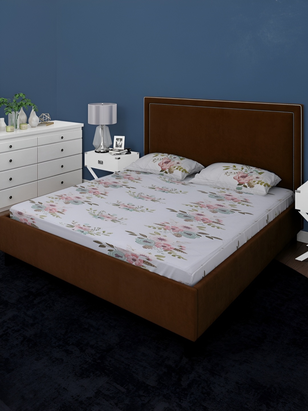 

BOMBAY DYEING Grey & Green Floral 180 TC Cotton King Bedsheet with 2 Pillow Covers