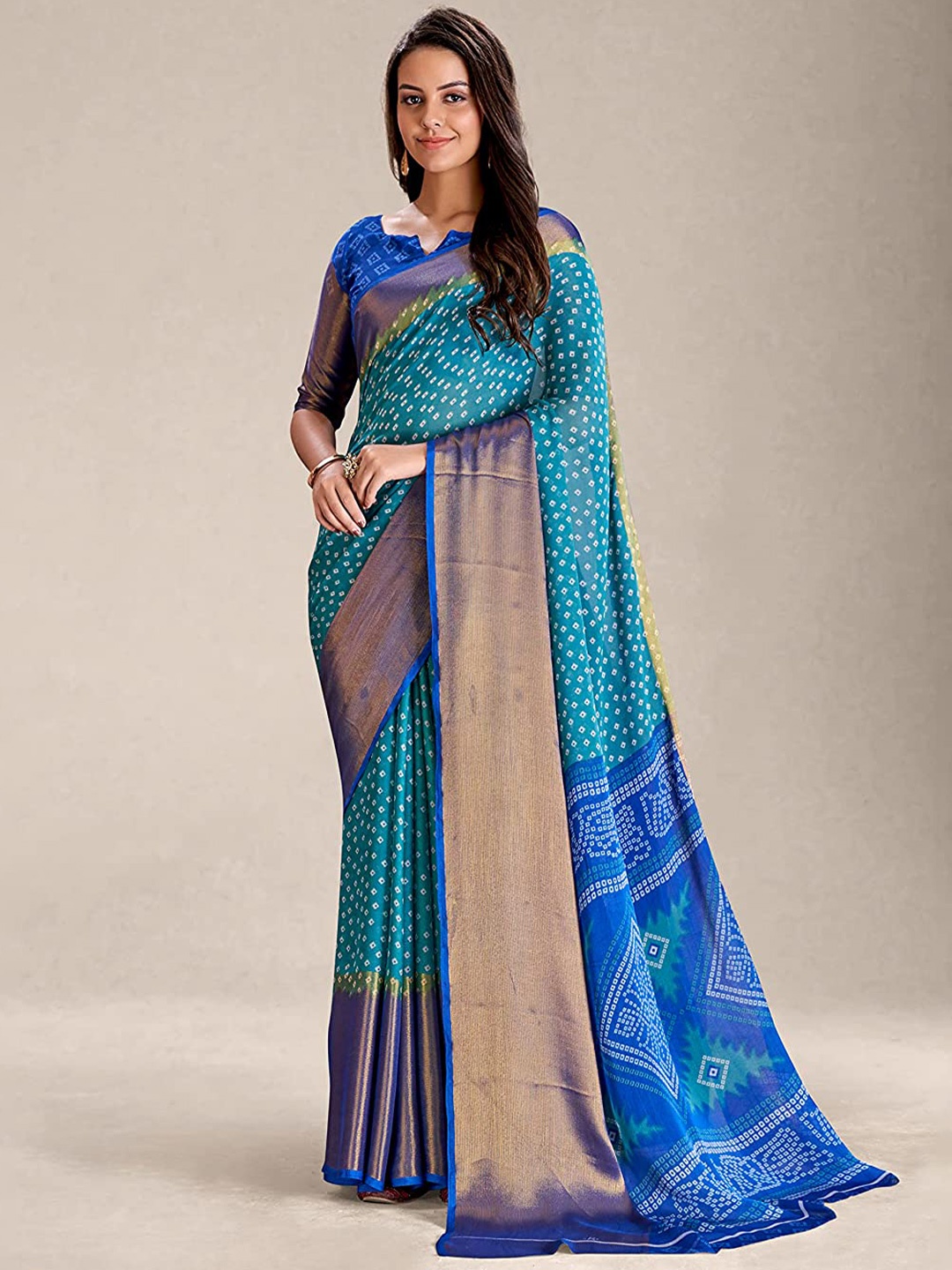 

Mitera Blue Bandhani Printed Zari Silk Cotton Paithani Saree