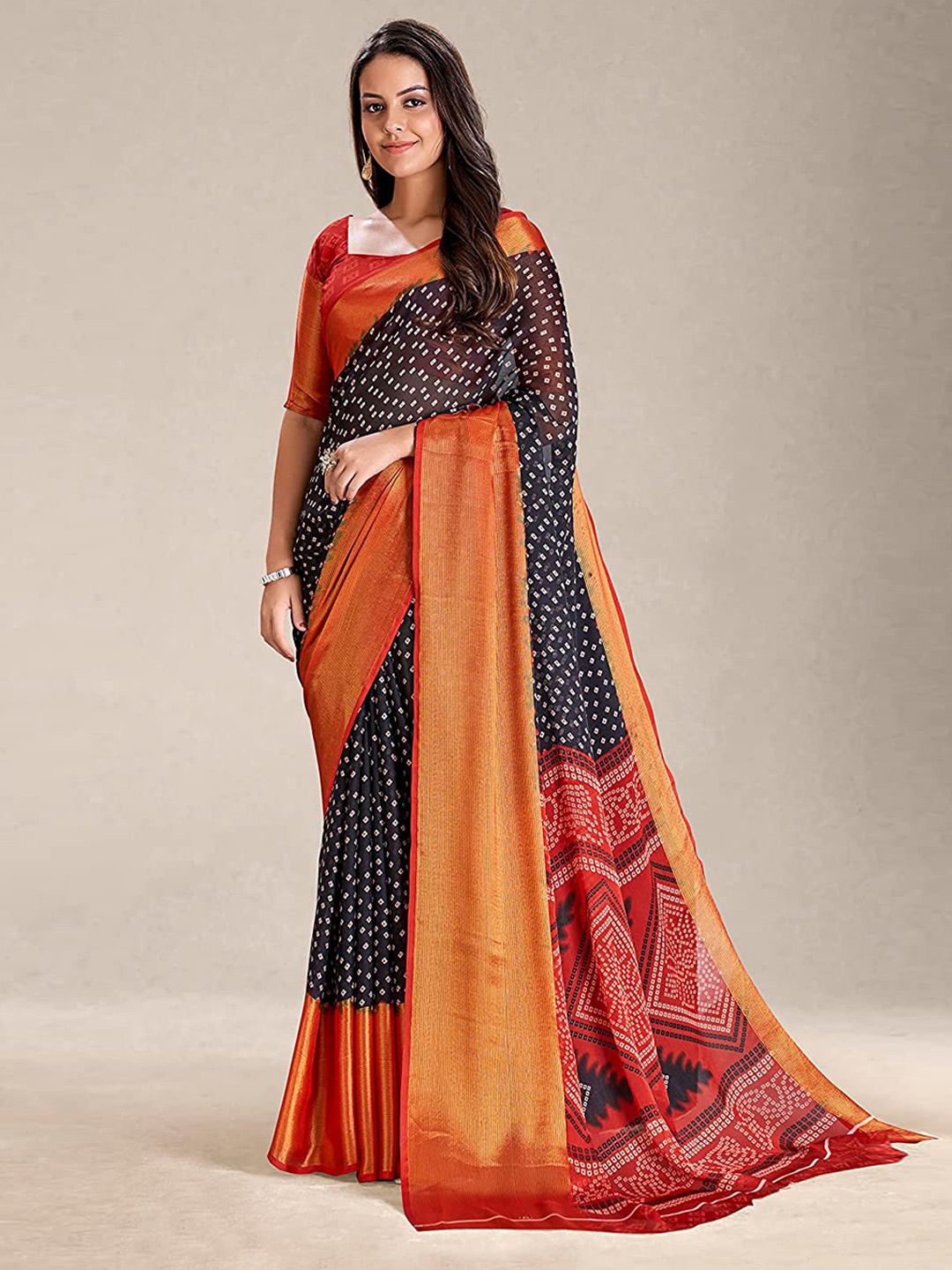 

Mitera Polka Dot Printed Zari Silk Cotton Paithani Saree, Black
