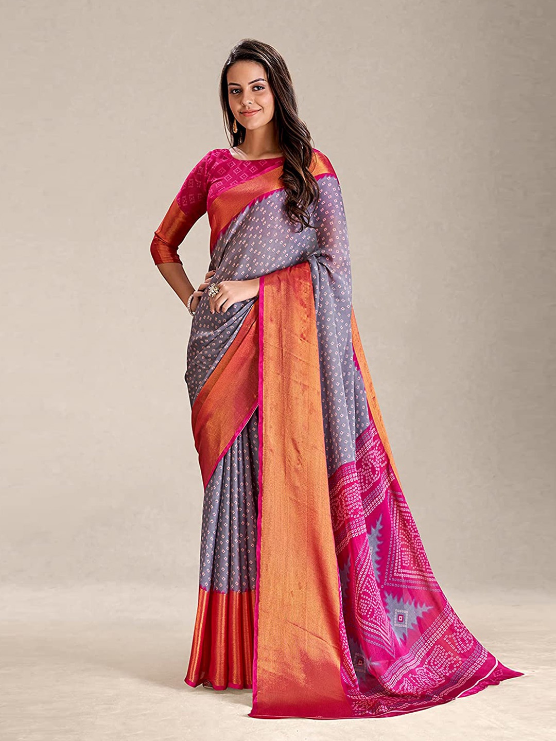 

Mitera Grey Bandhani Printed Zari Silk Cotton Saree