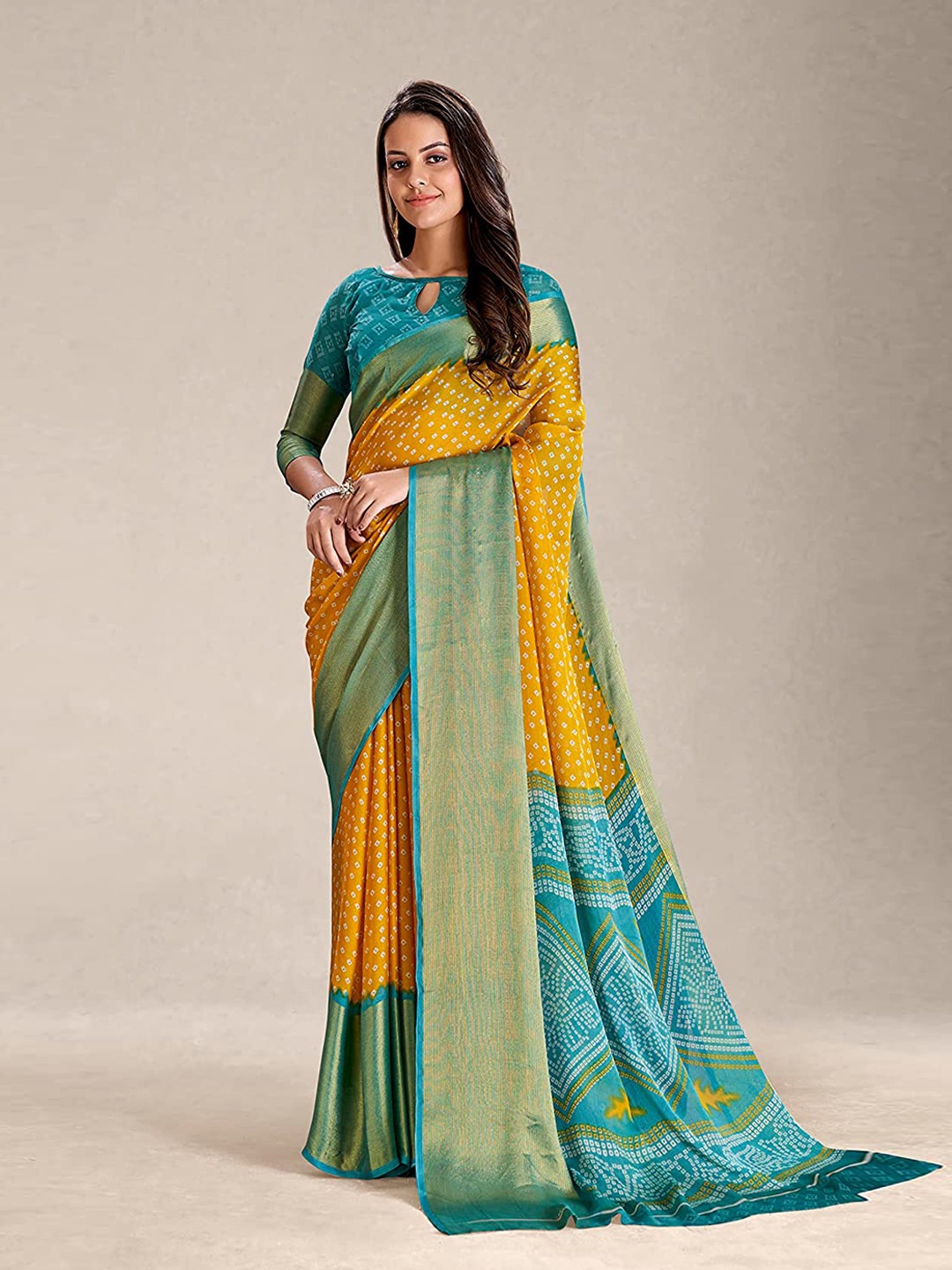 

Mitera Bandhani Printed Zari Silk Cotton Bandhani Saree, Mustard