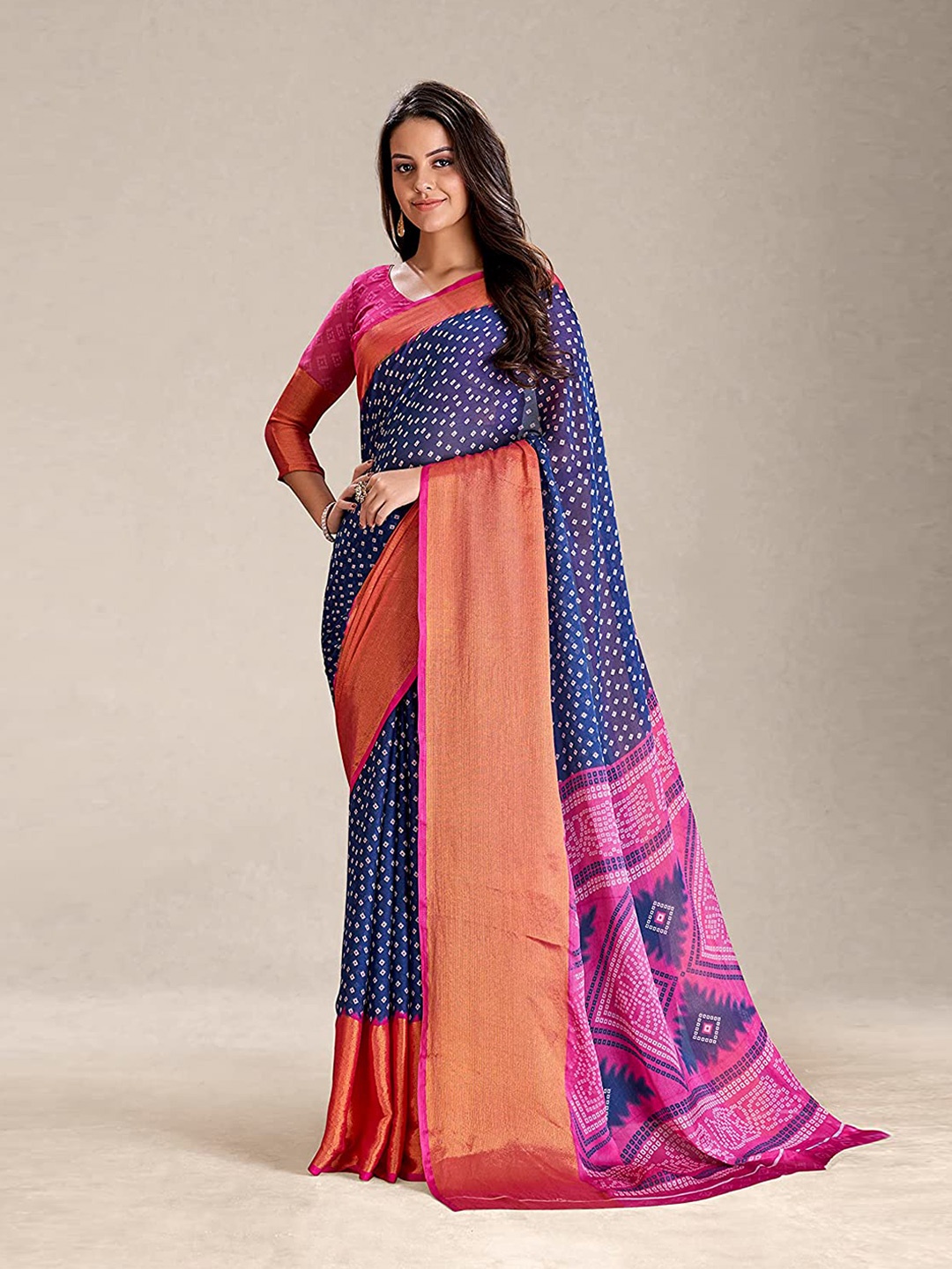 

Mitera Blue Bandhani Printed Zari Silk Cotton Paithani Saree