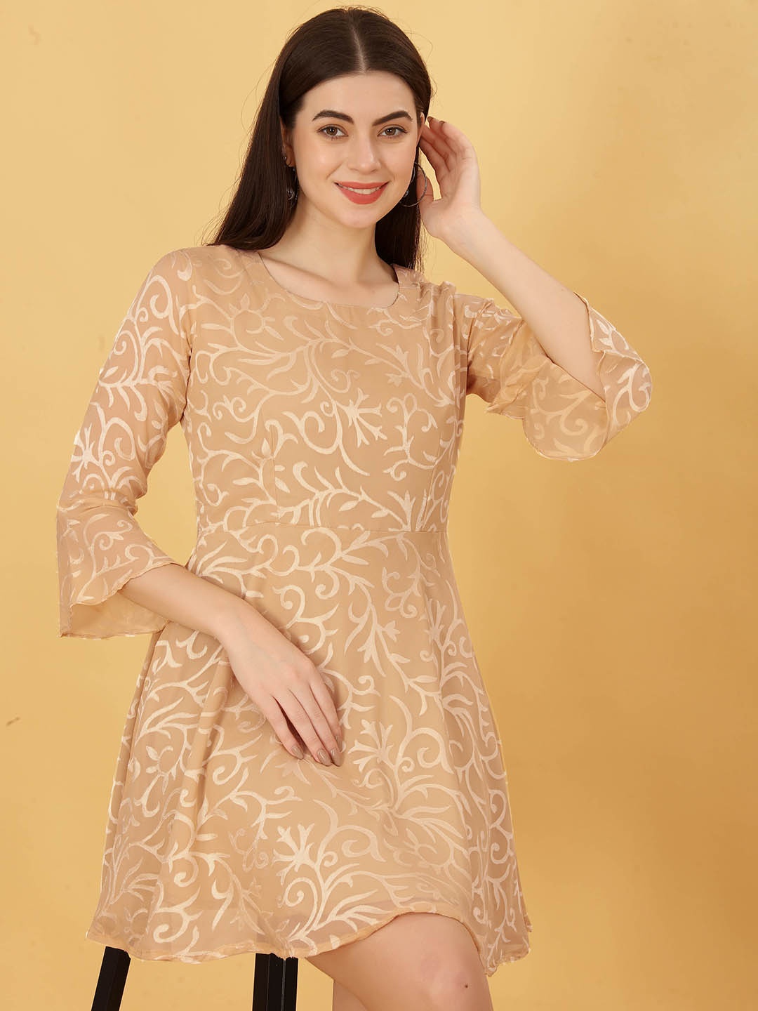 

PSBT Quality on way Floral Printed Semi Sheer Fit and Flare Mini Dress, Gold