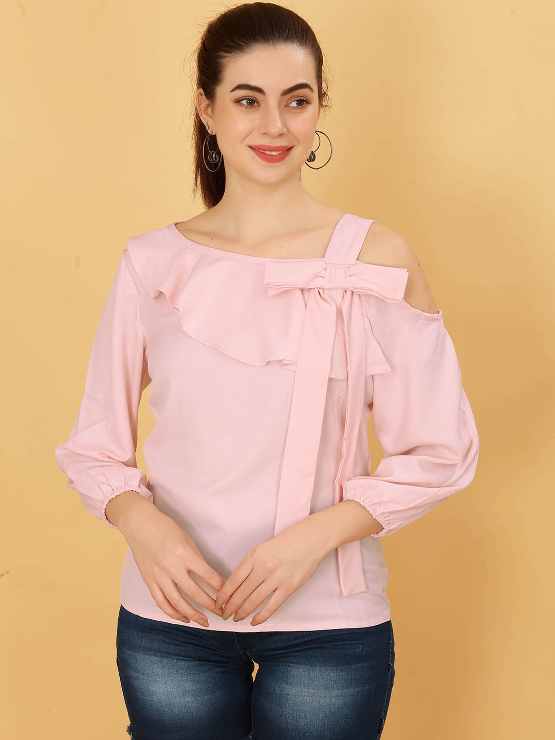 

PSBT Quality on way Shoulder Straped Ruffled Casual Top, Pink