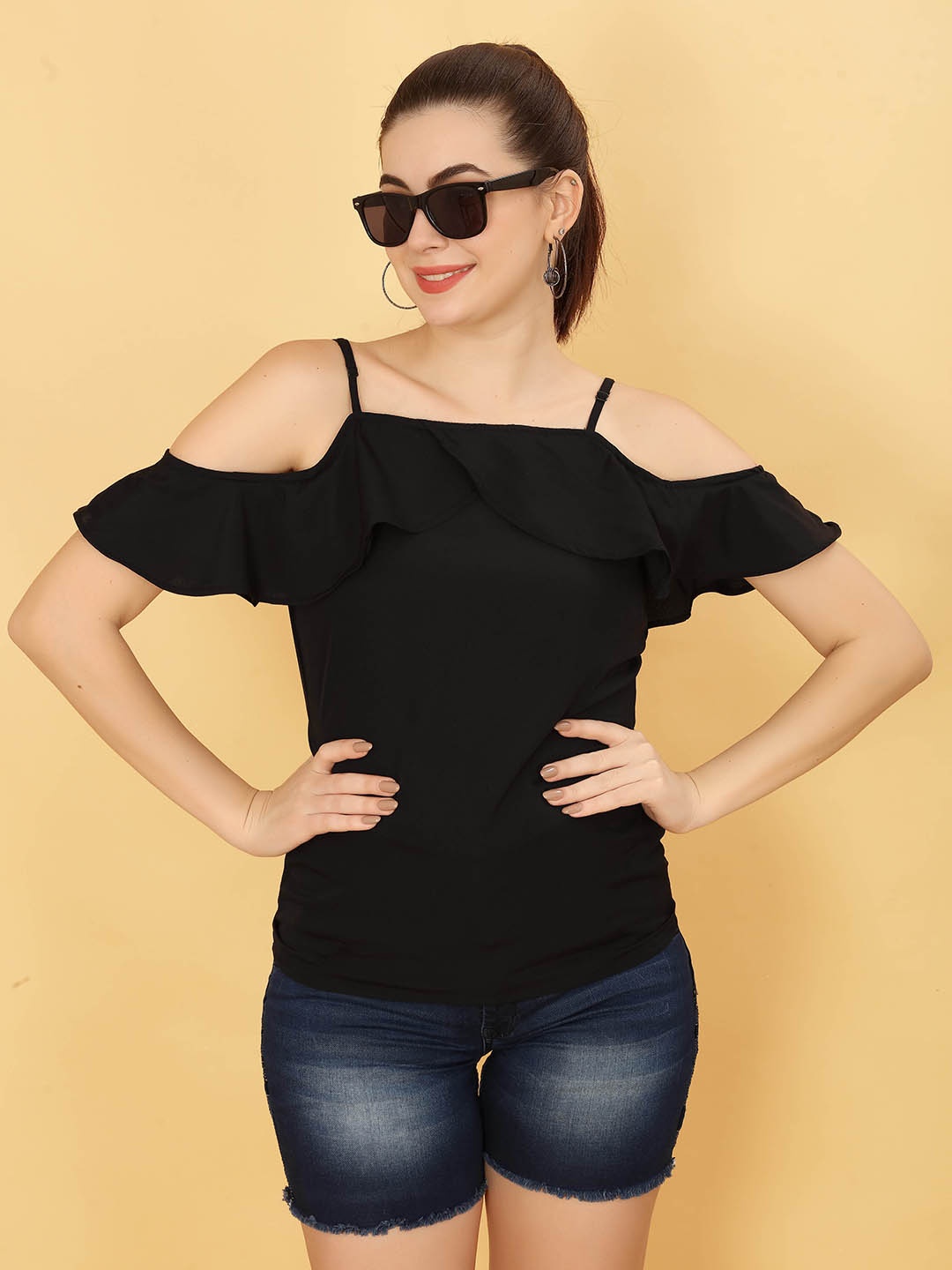 

PSBT Quality on way Cold-Shoulder Ruffles Sleeves Top, Black