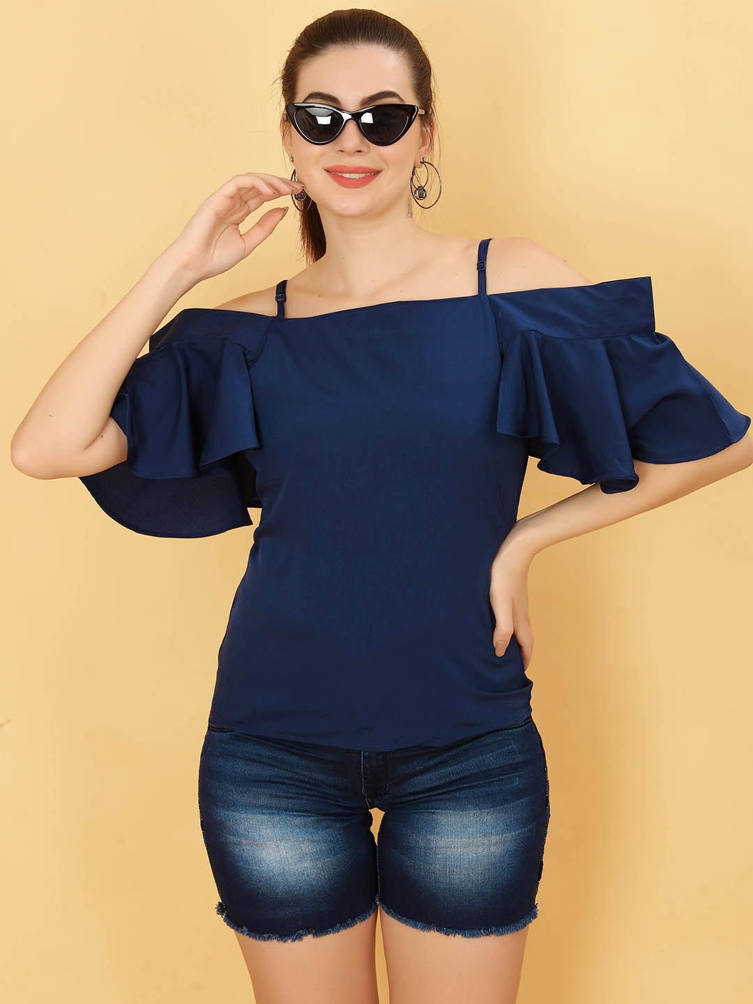

PSBT Quality on way Cold-Shoulder Ruffles Sleeves Bardot Top, Blue