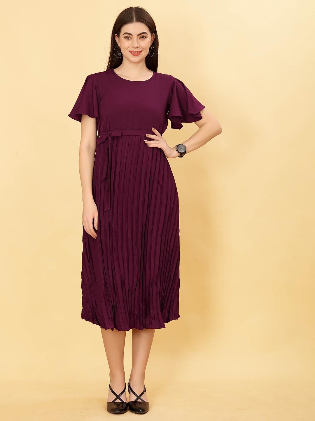 

PSBT Quality on way Flared Sleeve Pleated A-Line Midi Dress, Magenta