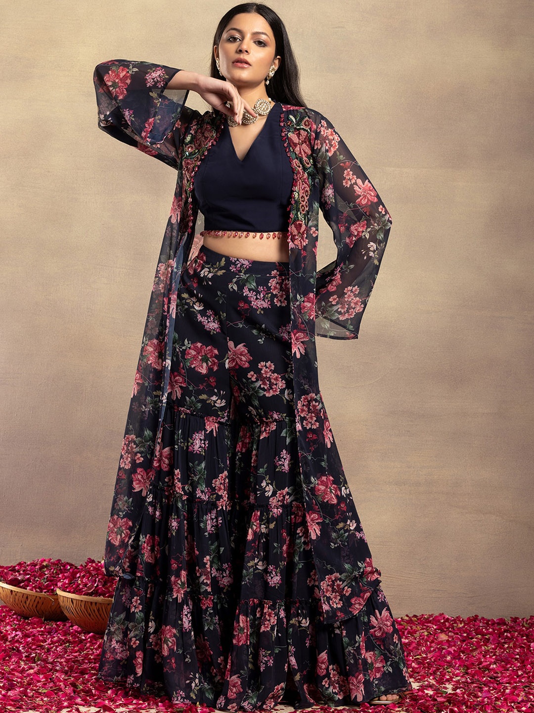 

Indya Luxe Floral Printed Crop Top With Sharara & Shrug, Navy blue