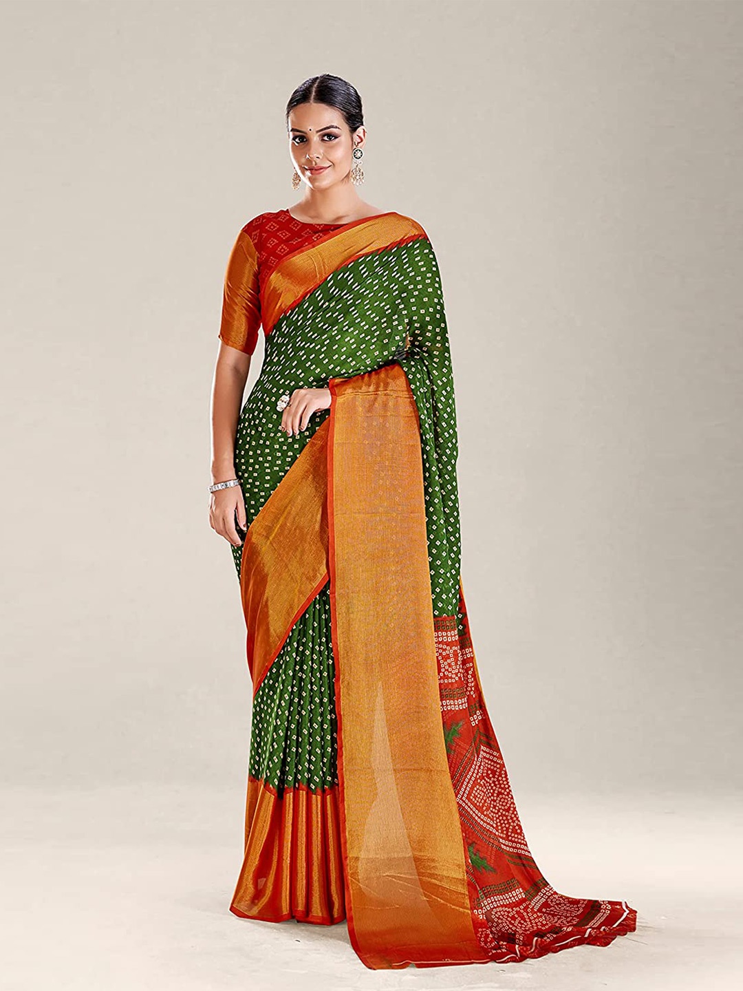 

Grubstaker Bandhani Zari Silk Cotton Bandhani Saree, Green