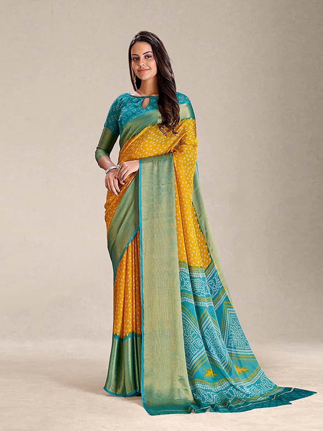 

Grubstaker Bandhani Printed Zari Bandhani Saree, Mustard