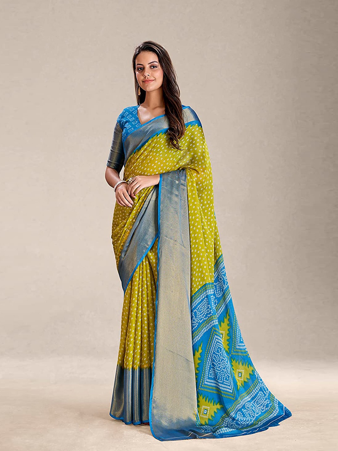 

Grubstaker Bandhani Zari Silk Cotton Paithani Saree, Green